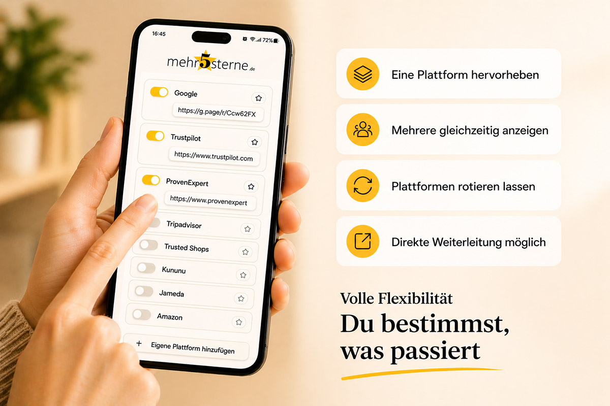 Hand hält Smartphone mit Plattform-Auswahl: Google, Trustpilot, ProvenExpert mit Toggles