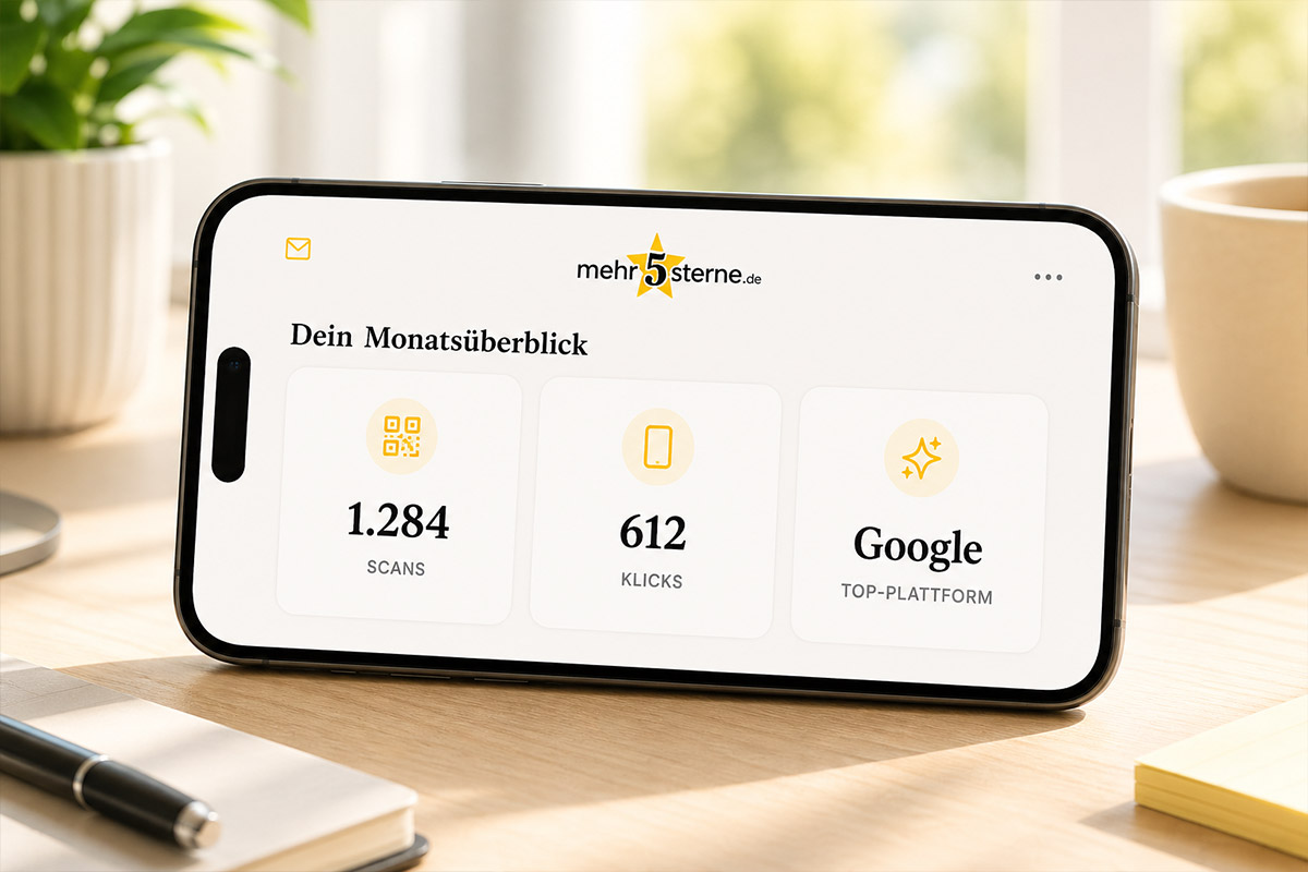 Smartphone zeigt Monatsüberblick mit Scans, Klicks und Top-Plattform